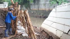 Petugas Sudin SDA Jakarta Selatan memperbaiki tanggul Kali Krukut yang jebol di Jalan Perumahan Kemang Jaya, Bangka, Jakarta, Rabu (8/1/2020). Tanggul jebol akibat tak kuat menahan derasnya air kiriman dari hulu serta hujan deras yang mengguyur kawasan tersebut. (Liputan6.com/Immanuel Antonius)