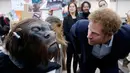 Pangeran Harry mengamati topeng robot saat berkunjung ke studio pembuatan film Star Wars di Pinewood Studios, London, (19/4). Pangeran William dan Harry berkeliling Pinewood untuk mengunjungi workshop produksi film Star Wars (REUTERS/Adrian Dennis/Pool)