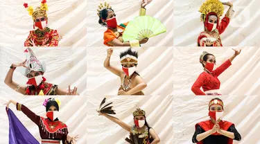 Penari mengenakan masker dan pakaian tradisional saat foto sesi untuk Liputan6.com dalam acara “Tunjukan Indonesiamu, Satukan Negeri” di Jakarta, Sabtu (15/8/2020). Acara yang digelar virtual tersebut untuk mengampanyekan budaya Indonesia dan memperingati HUT ke-75 RI. (Liputan6.com/Johan Tallo)