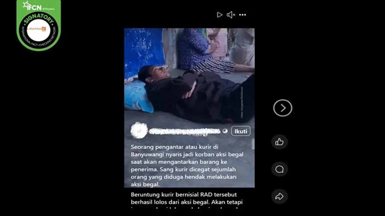 Gambar tangkapan layar kabar tentang seorang kurir paket menjadi korban begal di Kecamatan Glenmore, Banyuwangi, Jawa Timur. (sumber: Facebook)