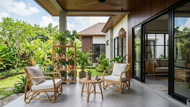 Teras Nuansa Natural dengan Rak Tanaman Rotan