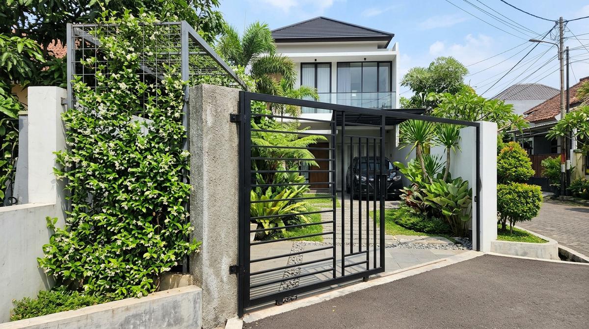 Model Pintu Gerbang Rumah dengan Tanaman Hijau (AI Generated)
