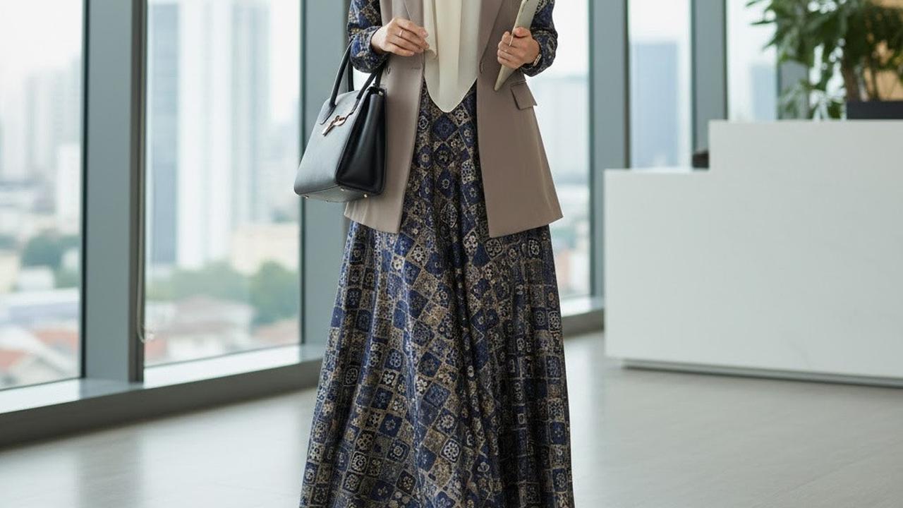 Ilustrasi Kombinasi Gamis Batik dan Blazer