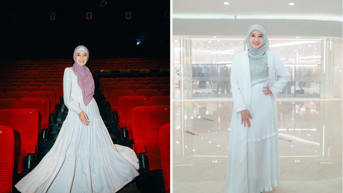 6 Pilihan Gamis Simpel Putih ala Dhini Aminarti, Referensi Tampil Syari dan Modis di Usia 40-an