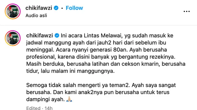 Unggahan Chiki Fawzi. (Foto: Dok. Instagram @chikifawzi)