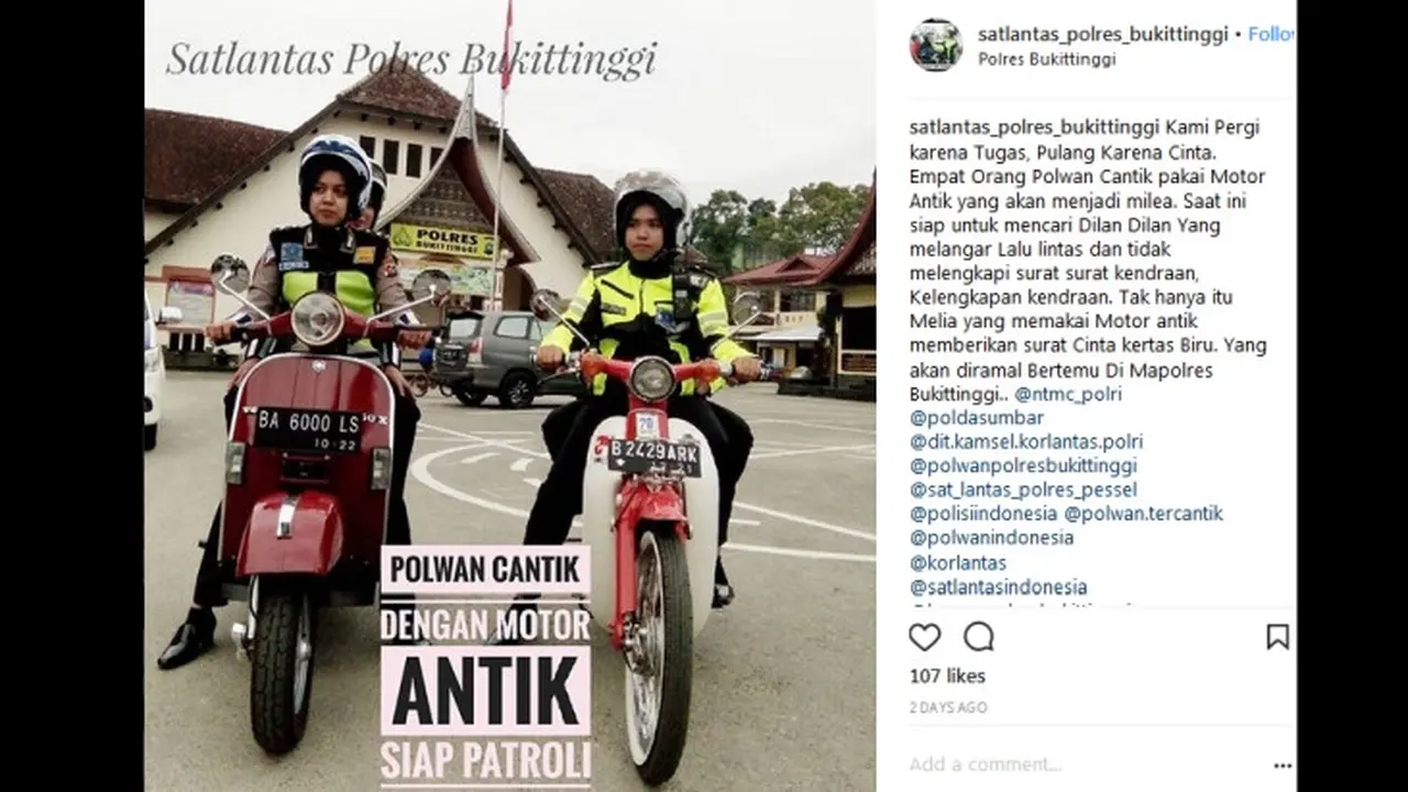 Honda C70 dan Vespa seri PX jadi armada Polisi Satuan Lalu Lintas Polres Bukittingi, Sumatera Barat.