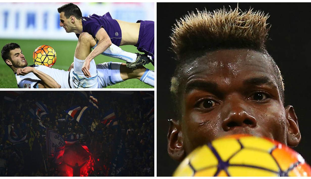 Foto terbaik liga Serie A pekan ke-19 antara lain adalah ekspresi wajah gelandang Juventus, Paul Pogba, saat berhadapan dengan bola kemudian ada juga aksi supporter Sampdoria yang menyalakan suar. 