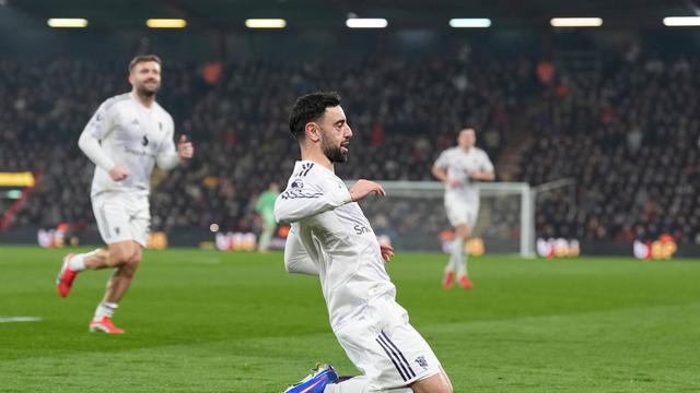 Selebrasi Bruno Fernandes di laga Bournemouth vs Manchester United di pekan ke-31 Liga Inggris 2025/2026 di Vitality Stadium, Sabtu (21/03/2026) dini hari WIB.