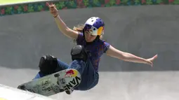 Brighton Zuener. Atlet skateboard putri asal Amerika Serikat ini tepat berusia 17 tahun pada 14 Juli lalu. Pada tahun 2017 saat berusia 13 tahun dirinya sukses merih medali emas ajang X-Games Minneapolis dan mempertahankannya pada ajang yang sama pada 2018. (Foto: AFP/Getty Images/Sean M. Haffey)