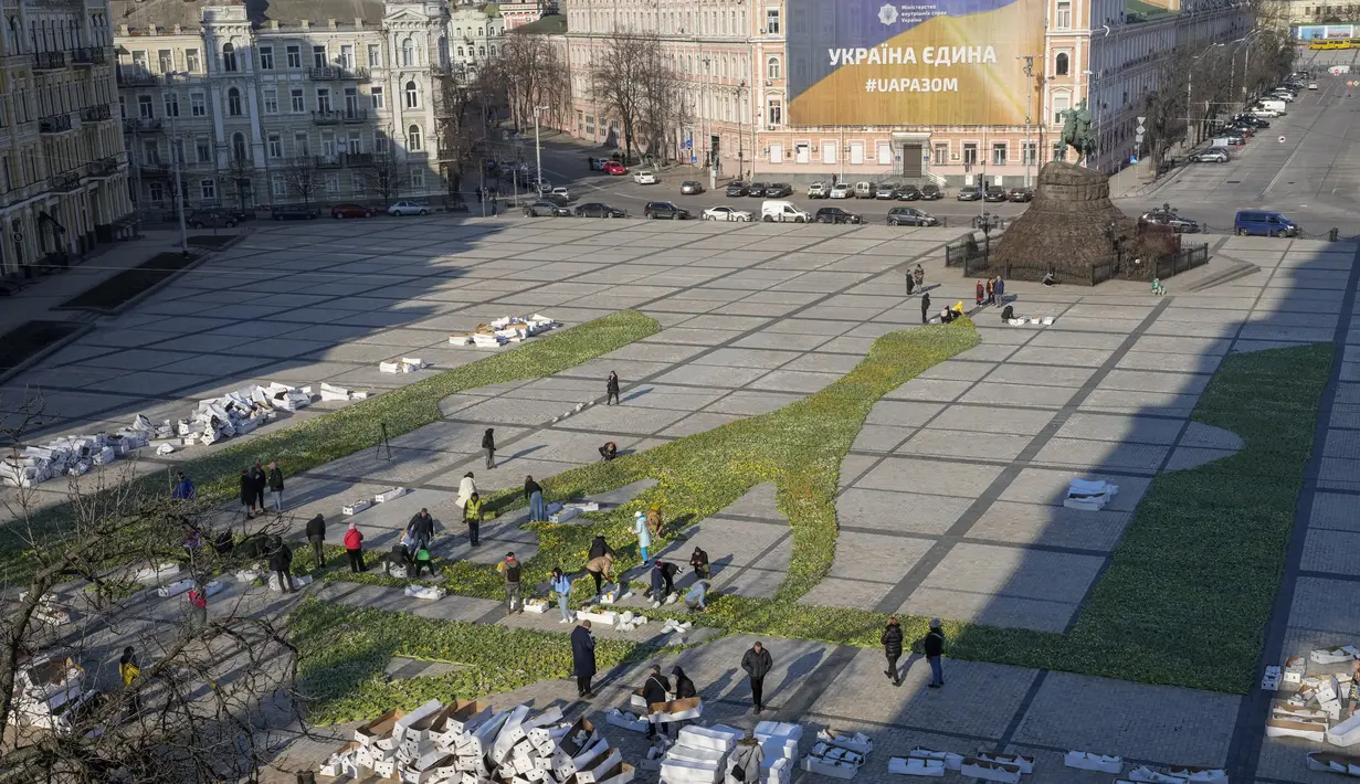 Orang-orang memasang lambang nasional Ukraina, trisula, yang terbuat dari 1,5 juta bunga tulip di alun-alun Sophiyska di pusat Kyiv, Ukraina (18/3/2022). Warga Kiev turun ke alun-alun pusat untuk menata sekitar 1,5 juta bunga tulip dalam bentuk lambang negara. (AP Photo/Efrem Lukatsky)