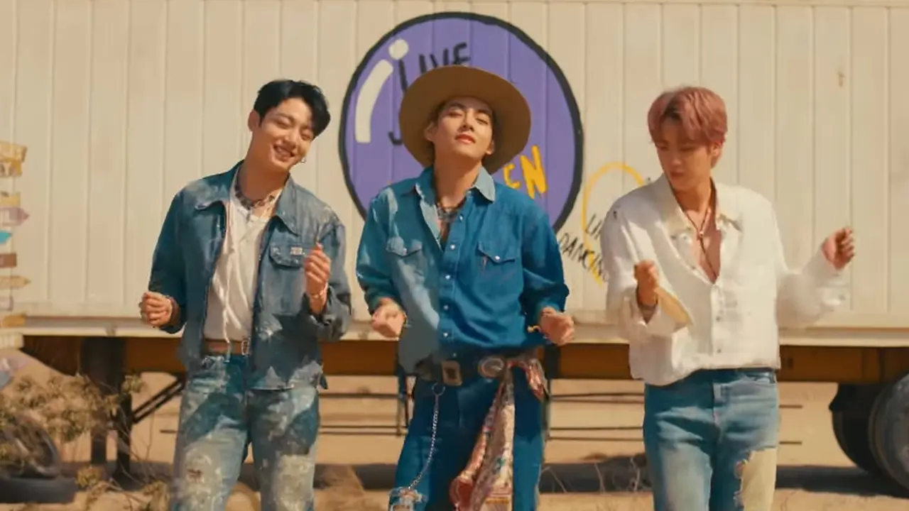 Jungkook, V (Taehyun), dan Jin BTS di MV Permission to Dance.