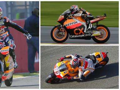 5 motor Marc Marquez saat meraih gelar juara dunia. Marquez meraih juara dunia 125cc 2010, Moto2 2012, dan MotoGP 2013, 2014, 2016. (AFP)