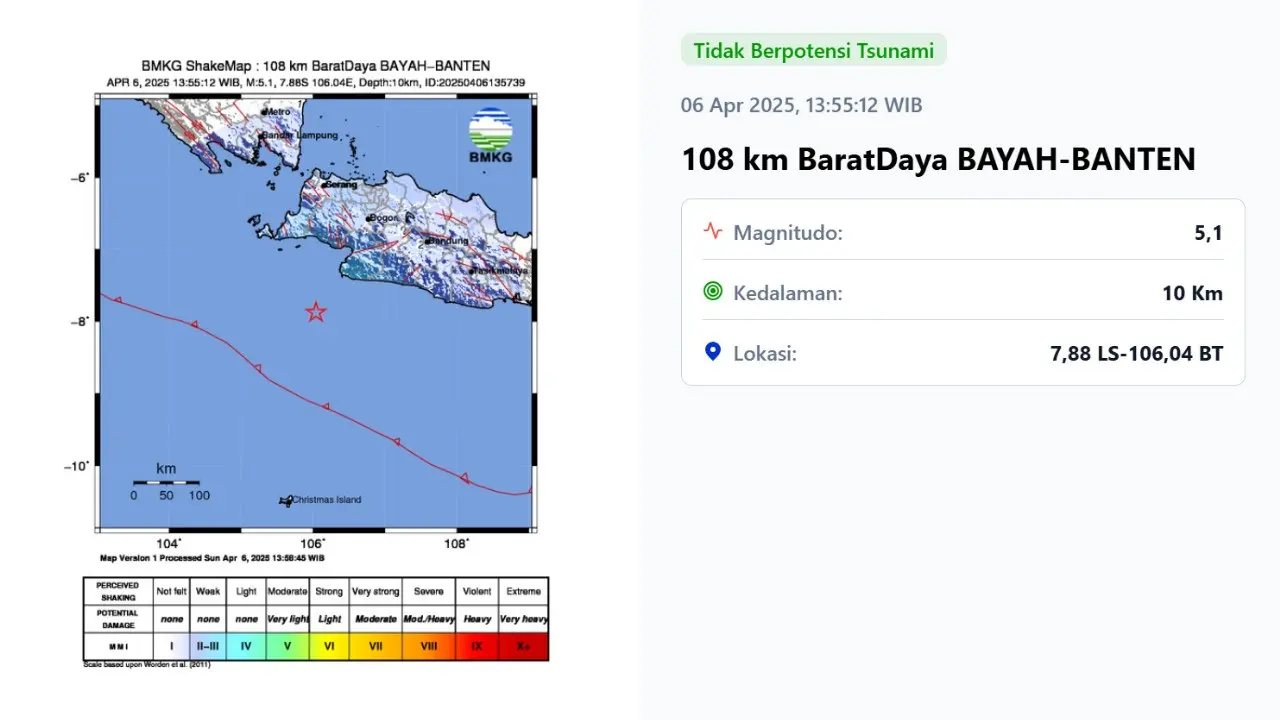 Gempa hari ini di akhir pekan, Minggu (6/4/2025) terjadi siang tadi pukul 13:55:12 WIB di wilayah Bayah, Provinsi Banten.