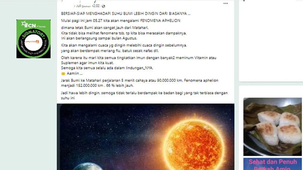 Tangkapan layar klaim fenomena Aphelion berakibat suhu lebih dingin