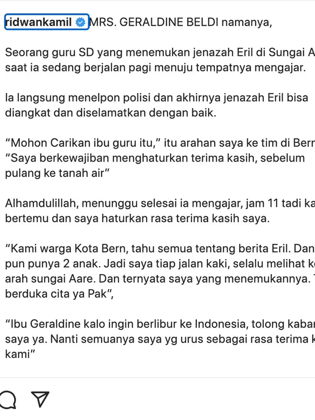 Unggahan Ridwan Kamil soal Geraldine Beldi. (Foto: Dok. Instagram @ridwankamil)