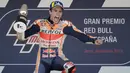 <p>Marc Marquez menjadi pembalap Spanyol terakhir yang berhasil menjuarai MotoGP Jerez, yaitu pada 2019. Pembalap berjuluk The Baby Alien tersebut tercatat sudah tiga kali menang di sirkuit dengan panjang 4,4 kilometer tersebut. Marquez menyabet gelar pertamanya pada tahun 2014 dan pada 2018 ia berhasil menggandakan catatannya. (AFP/Jorge Guerrero)</p>