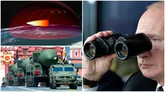 Foto kolase Presiden Rusia Vladimir Putin memegang teropong saat menonton latihan militer Center-2019 (kanan), rudal balistik RS-24 Yars Rusia meluncur di Lapangan Merah saat parade militer Hari Kemenangan 2022 (kiri bawah), simulasi komputer menunjukkan manuver kendaraan hipersonik Avangard untuk melewati pertahanan rudal dalam perjalanan ke sasaran (kiri atas). (Alexei Nikolsky, Sputnik, Kremlin Pool Photo via AP, File), (AP Photo, File), (RU-RTR Russian Television via AP, File).