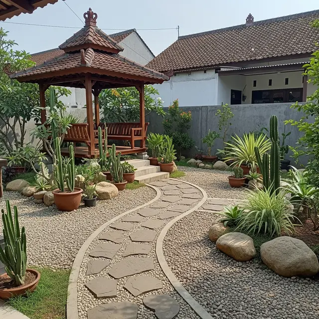 6 Ide Gazebo dengan Taman Kering, Paduan Estetika Alam dengan Perawatan Mudah