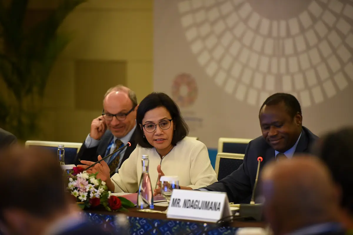 Sri Mulyani pada rangkaian Pertemuan Tahunan IMF-Bank Dunia 2018 di Bali