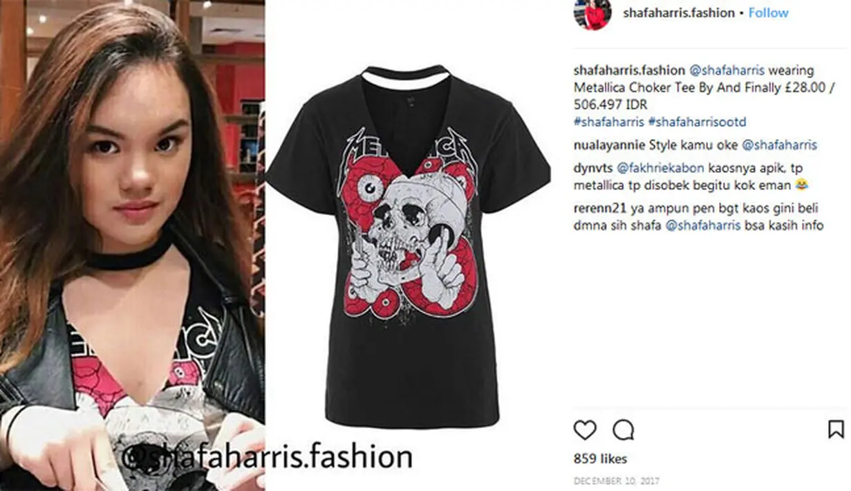 Shafa Harris, kerap menggunakan kaus dalam kesehariannya dan sepertinya ia salah satu pecinta musik metalica. Terlihat dari koleksinya ini, bahkan saking ngefansnya Shafa harus merogoh kocek Rp 506. 497. (Instagram/shafaharris.fashion)