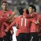 Ekspresi para pemain Timnas Korea Selatan usai mencetak gol ke gawang Sri Lanka, pada laga lanjutan Kualifikasi Piala Dunia 2022 Zona Asia, di Hwaseong, Kamis (10/10/2019) malam WIB. (AFP / Jung Yeon-je)