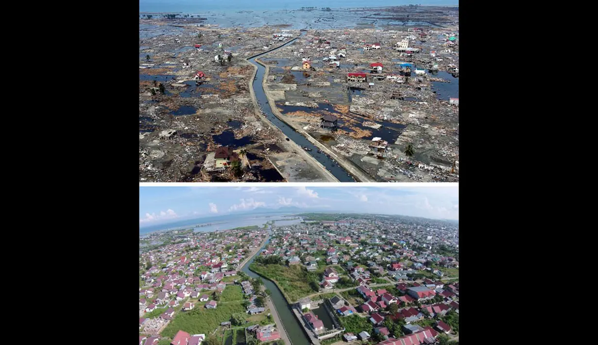 Perbandingan kondisi salah satu wilayah di Aceh setelah 10 tahun peristiwa tsunami berlalu. (AFP PHOTO/CHOO Youn-KONG-atas, AFP PHOTO/Chaideer Mahyuddin-bawah)