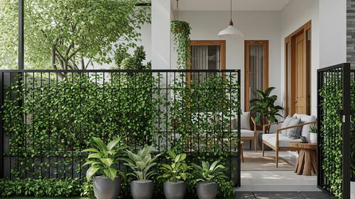 Panel Besi Minimalis dengan Tanaman Hijau Rindang