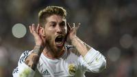 Gol yang ditunggu-tunggu Madrid baru tercipta pada menit ketiga injury time babak kedua lewat sundulan Bek Sergio Ramos (AFP PHOTO/FRANCK FIFE)