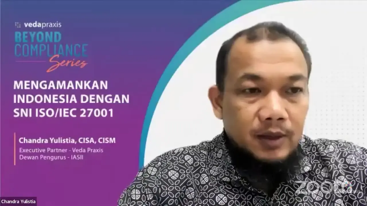 Praktisi dan konsultan manajemen Chandra Yulistia saat webinar "Mengamankan Indonesia dengan SNI ISO/IEC 27001". (Istimewa)