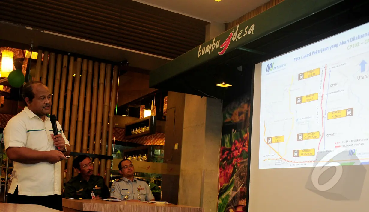 Suasana konferensi pers terkait pembangunan fondasi proyek MRT di Jalan Fatmawati-Blok M di  Jakarta, Senin (23/3). PT MRT, Dinas Perhubungan dan Ditlantas Polda Metro Jaya akan memberlakukan Manajemen Rekayasa Lalu Lintas.  (Liputan6.com/Yoppy Renato)
