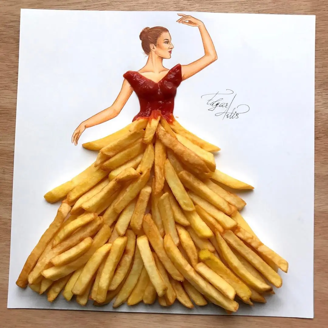 Warna golden pada kentang goreng bikin gaun jadi cantik ya. (sumber foto: @edgar_artis/instagram)