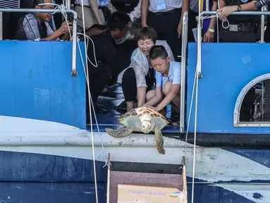 Para sukarelawan melepaskan penyu ke laut di Wilayah Lingshui, Provinsi Hainan, China selatan, pada 9 Agustus 2020. Sebanyak 99 ekor penyu, baik yang terdampar maupun hasil sitaan oleh penegak hukum, dilepaskan kembali ke laut pada Minggu (9/8). (Xinhua/Zhang Liyun)