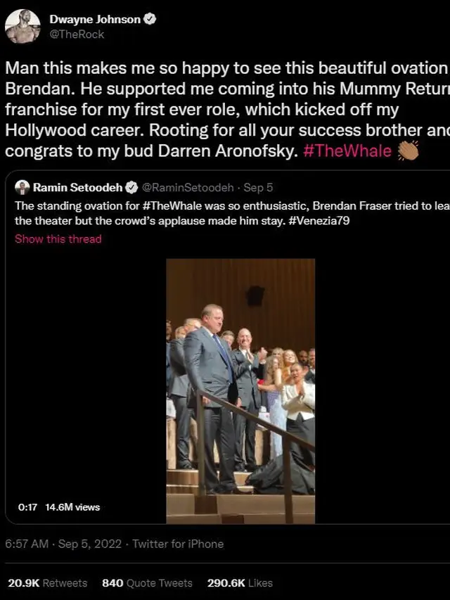 Unggahan Dwayne Johnson atas standing ovation untuk Brendan Fraser di The Whale. (Tangkapan layar Twitter/TheRock)