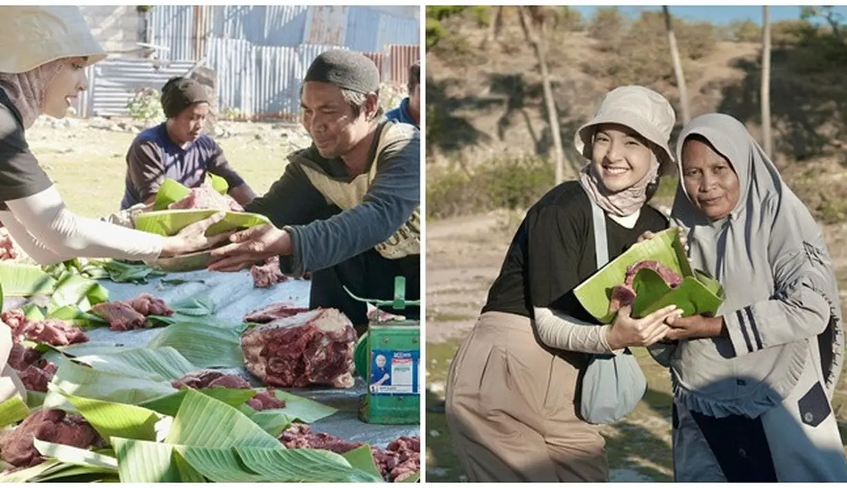 Nabila Ishma turut serta membagikan daging kurban di Desa Papela, Rote Ndao, Nusa Tenggara Timur. Mantan kekasih mendiang Eril anak Ridwan Kamil ini bergabung bersama salah satu lembaga amil zakat ternama di Indonesia. Dengan wajah sumringah, Nabila bagikan momen ketika melihat langsung penyembelihan, pembagian, hingga daging kurban sampai kepada warga. (Liputan6.com/IG/@nabilaishma)