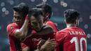 Para pemain Indonesia merayakan gol yang dicetak Muhammad Hargianto ke gawang Chinese Taipei pada laga Grup A Asian Games di Stadion Patriot, Bekasi, Minggu (12/8/2018). Indonesia menang 4-0 atas Chinese Taipei. (Bola.com/Vitalis Yogi Trisna)