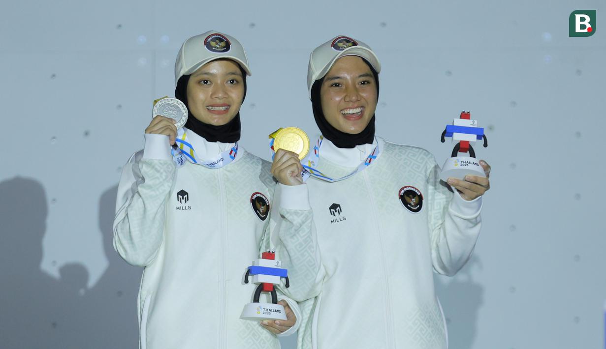 Kontingen Indonesia kembali menambah kilau prestasi di SEA Games 2025 melalui cabang panjat tebing. Dominasi Merah Putih tampak jelas sejak nomor speed hingga lead yang berujung hujan medali. (Bola.com/Bagaskara Lazuardi)