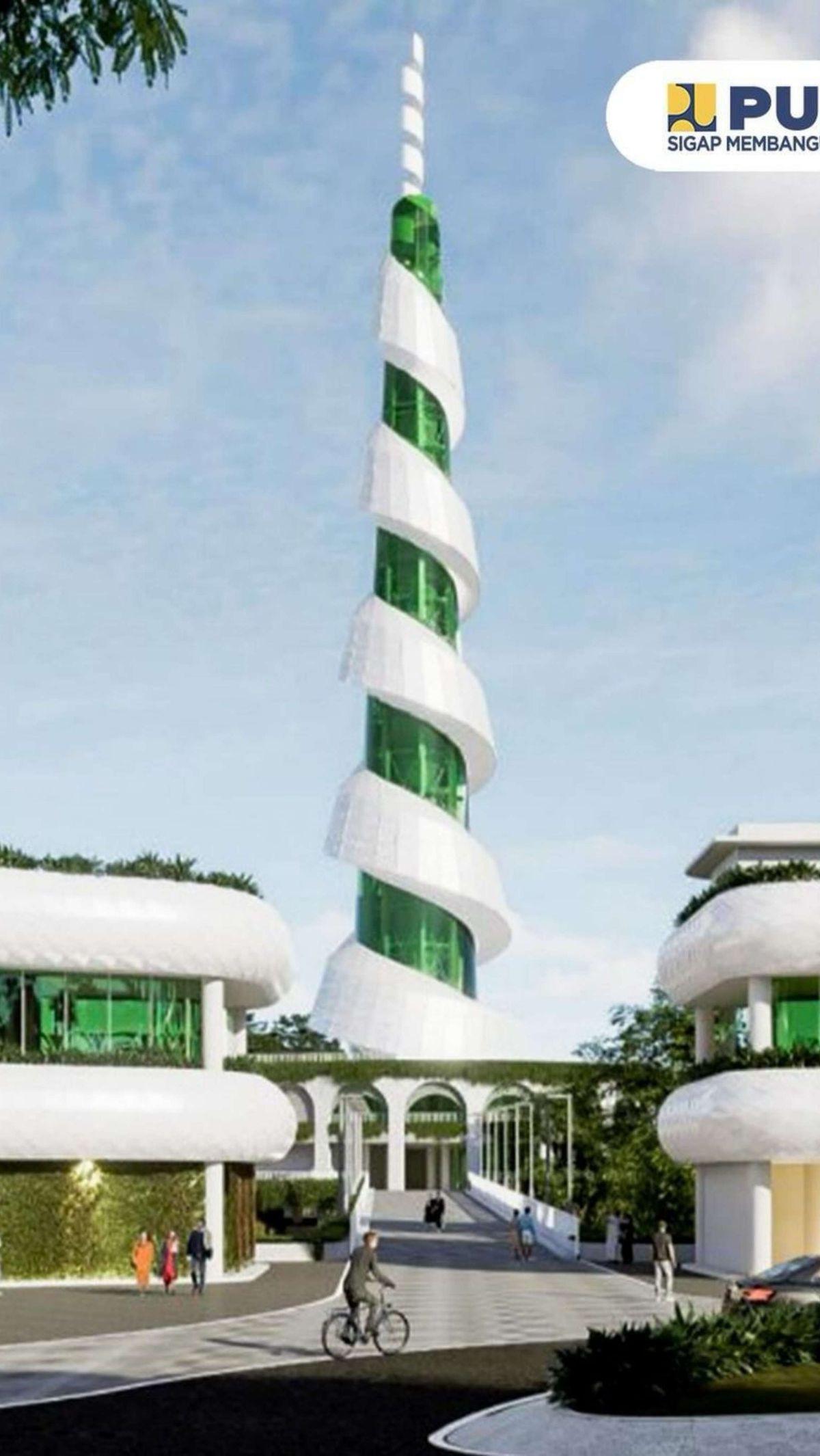 Terpisah dengan bangunan utama masjid, terdapat menara setinggi 99 meter, sesuai jumlah Asmaul Husna.&nbsp;Instagram/kemenpupr