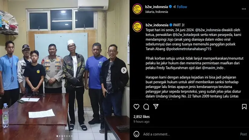Kasus pemukulan pengemudi ojek online (ojol) terhadap seorang bocah di jalur sepeda Kawasan Tanah Abang, Jakarta Pusat berakhir damai. (Instagram @b2w_indonesia)