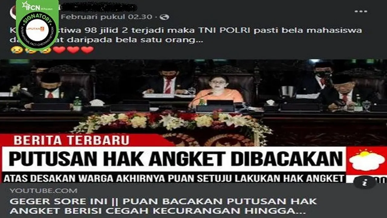 Beredar di media sosial video yang diklaim Ketua DPR RI, Puan Maharani membacakan putusan hak angket kecurangan Pemilu dan pemakzulan presiden. (sumber: Facebook)