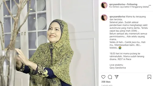 Fariawati, ibunda Qory Sandioriva, diketahui meninggal dunia pada 14 April 2020, kemarin. (https://www.instagram.com/p/B-987TZgBIB/)