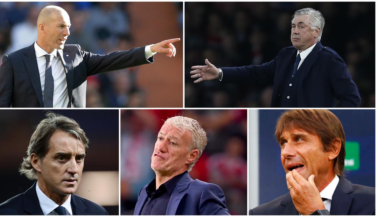 Berikut ini para mantan pemain Serie A yang sukses sebagai Pelatih. Diantaranya Antonio Conte, Zinedine Zidane dan Carlo Ancelotti. (Foto Kolase AP dan AFP)