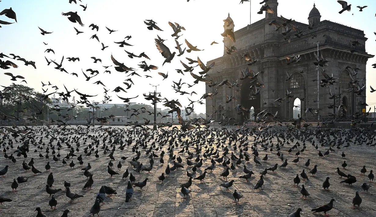 Merpati terbang di daerah terpencil di depan Gerbang India selama pembatasan yang diberlakukan oleh pemerintah negara bagian di tengah meningkatnya kasus corona Covid-19, di Mumbai, Kamis (15/4/2021). Kasus virus corona di India mencapai rekor tertinggi pada Rabu, 14 April. (Punit PARANJPE / AFP)