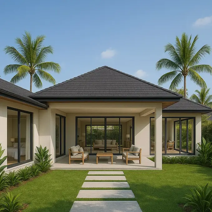 Model Rumah Gaya Tropis Minimalis 1 Lantai dengan Jendela Besar