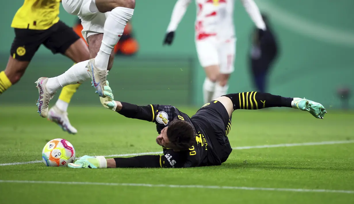 Kemenangan ini mengantar RB Leipzig melaju ke semifinal. (Jan Woitas/dpa via AP)