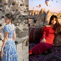 Cara tampil stand out dengan latar pemandangan balon udara warna-warni Cappadocia, dress warna yang kontras seperti merah merona seperti yang dikenakan Fuji bisa jadi pilihan. [@fuji_an]