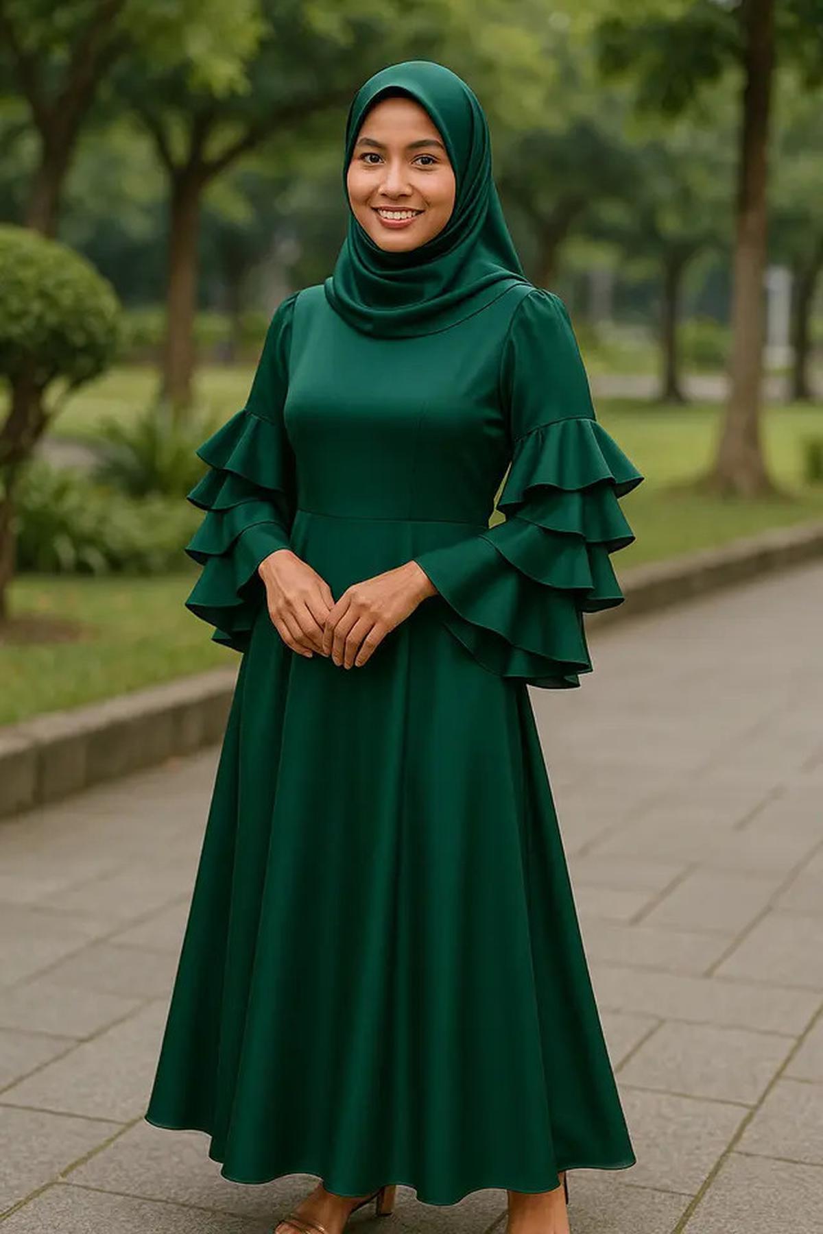 8 Inspirasi Long Dress Lengan Ruffle untuk Ibu-ibu, Bikin Tampilan Awet Muda dan Anggun