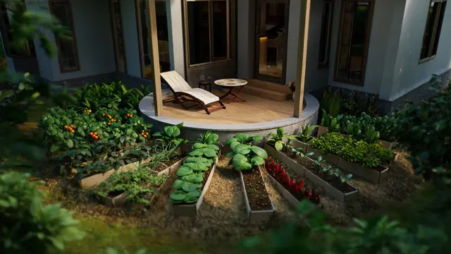 Inspirasi Rumah dengan Kebun Pangan Mengelilingi Teras (AI)