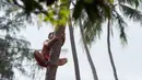 Seorang pria memanjat pohon saat mengikuti kejuaraan dunia pertama panjat pohon kelapa di Papeete, Polinesia (15/7). Kompetisi ini juga sebagai bagian dari festival budaya besar bagi orang Polinesia. (AFP Photo/Gregory Boissy)