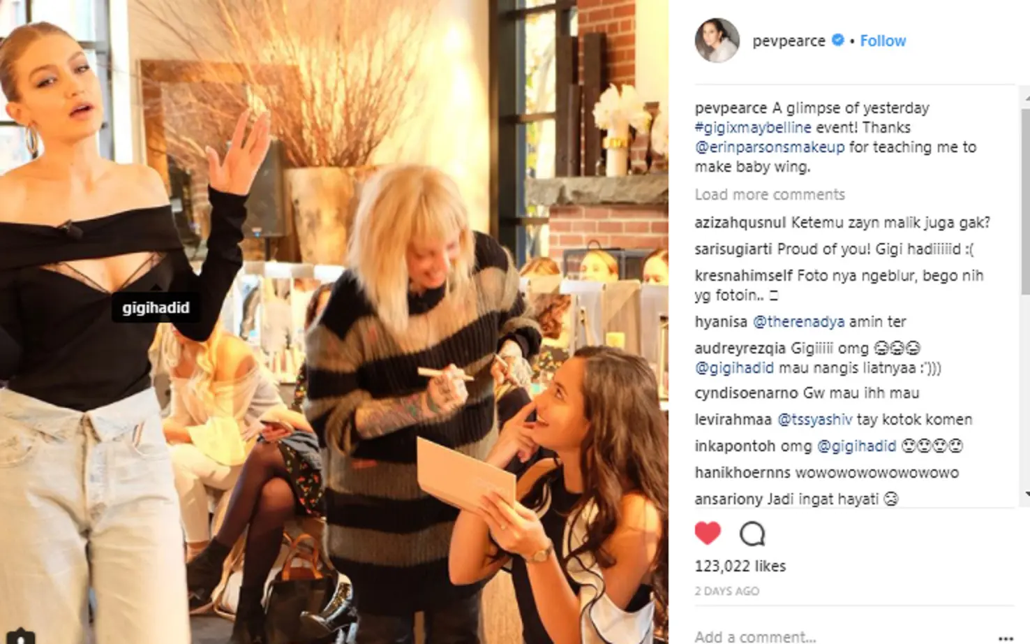 Gigi Hadid dan Pevita Pearce. (Instagram/pevpearce)