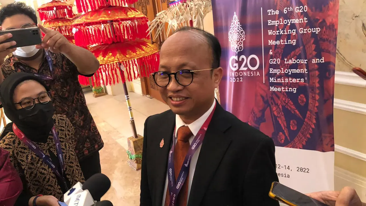 Sekretaris Jenderal Kementerian Ketenagakerjaan Anwar Sanusi dalam r pertemuan Menteri Ketenagakerjaan G20 di Bali, Selasa (13/9/2022).